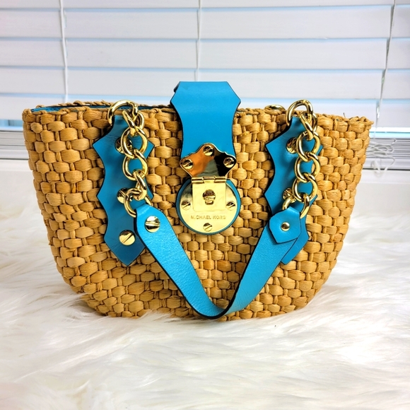 Michael Kors Santorini weave bucket tote wheat blue leather lined rafia straw - Picture 1 of 14